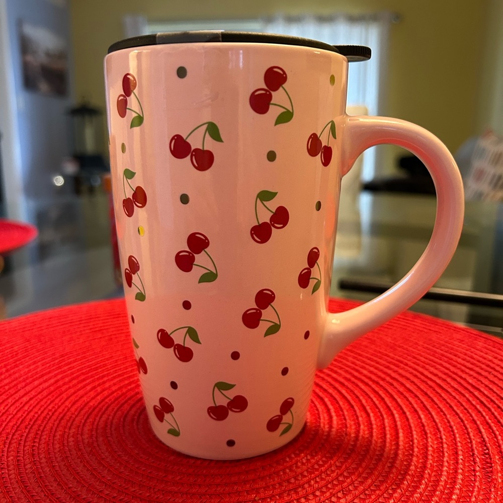 Ceramic Tumbler with cherries Galore.This Tumbler is 6” deep, 4” wide- Never Use
